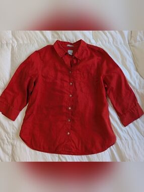 Chicos Women Size 2 L-XL Linen Shirt Red Button Up Blouse Casual Classic Coastal